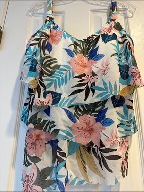 Floral Tiered Camisole Tankini top White with Pink & Blue Floral